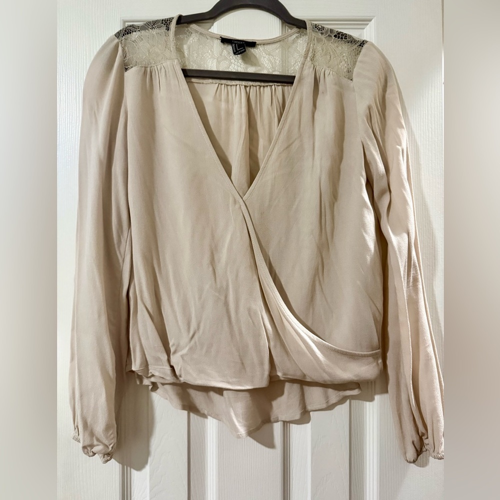 Light Beige Lace-Trim Wrap Blouse